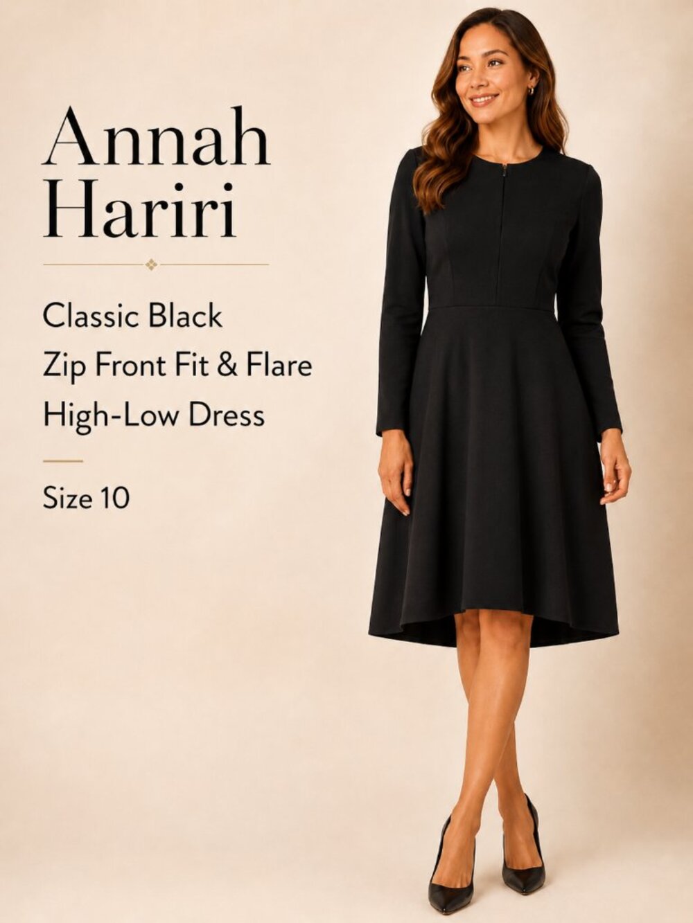 Annah Hariri Classic Black Long Sleeve Zip‎ Front Fit & Flare High Low Dress 10